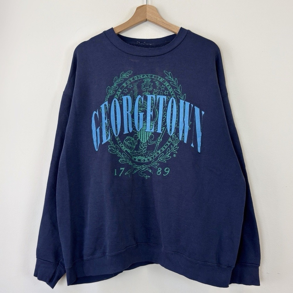 Vintage 90's Georgetown University Hoyas NCAA Distressed Navy Blue Sweatshirt